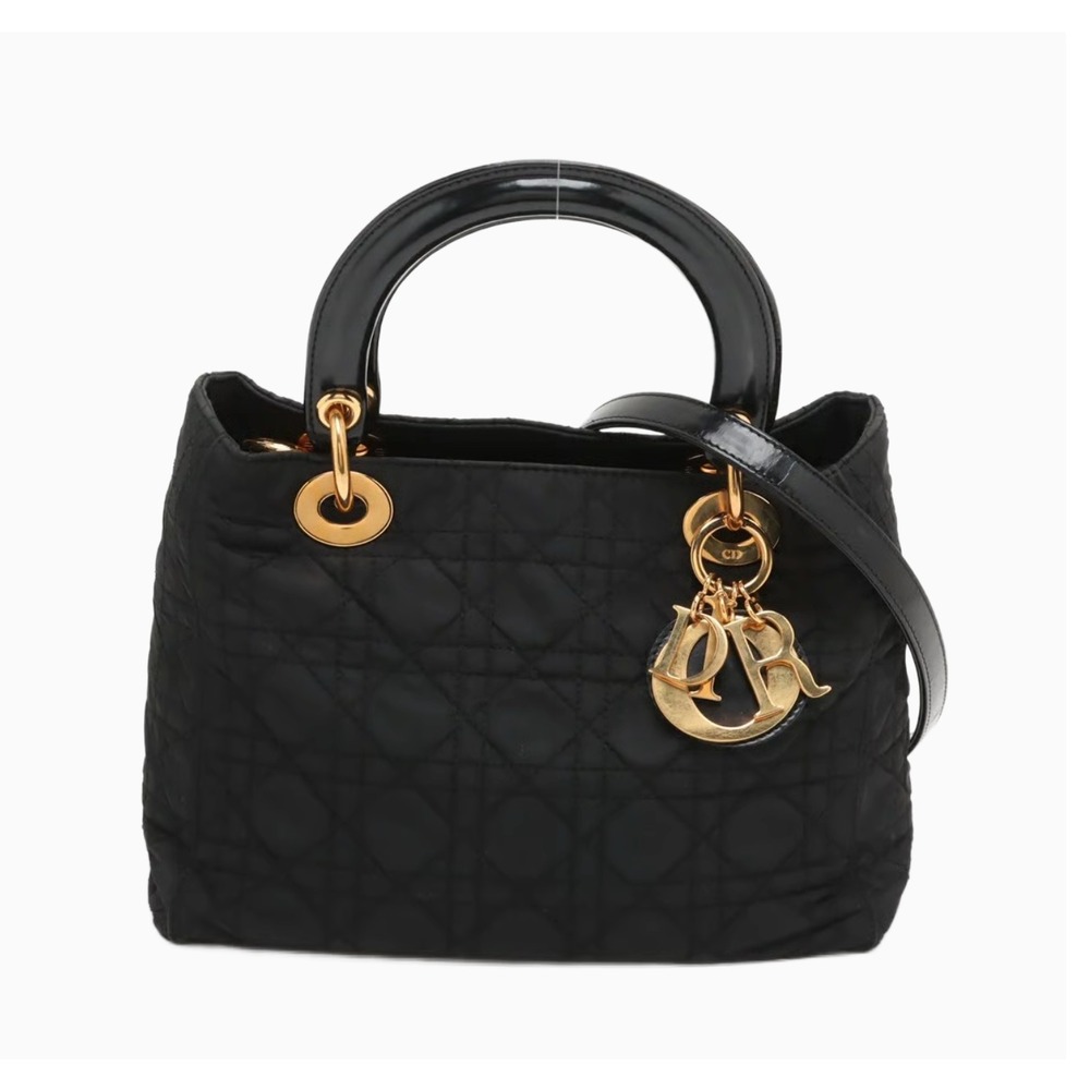 CHRISTIAN DIOR Lady Dior Cannage Quilted Nylon Handbag Black Gold Hardware